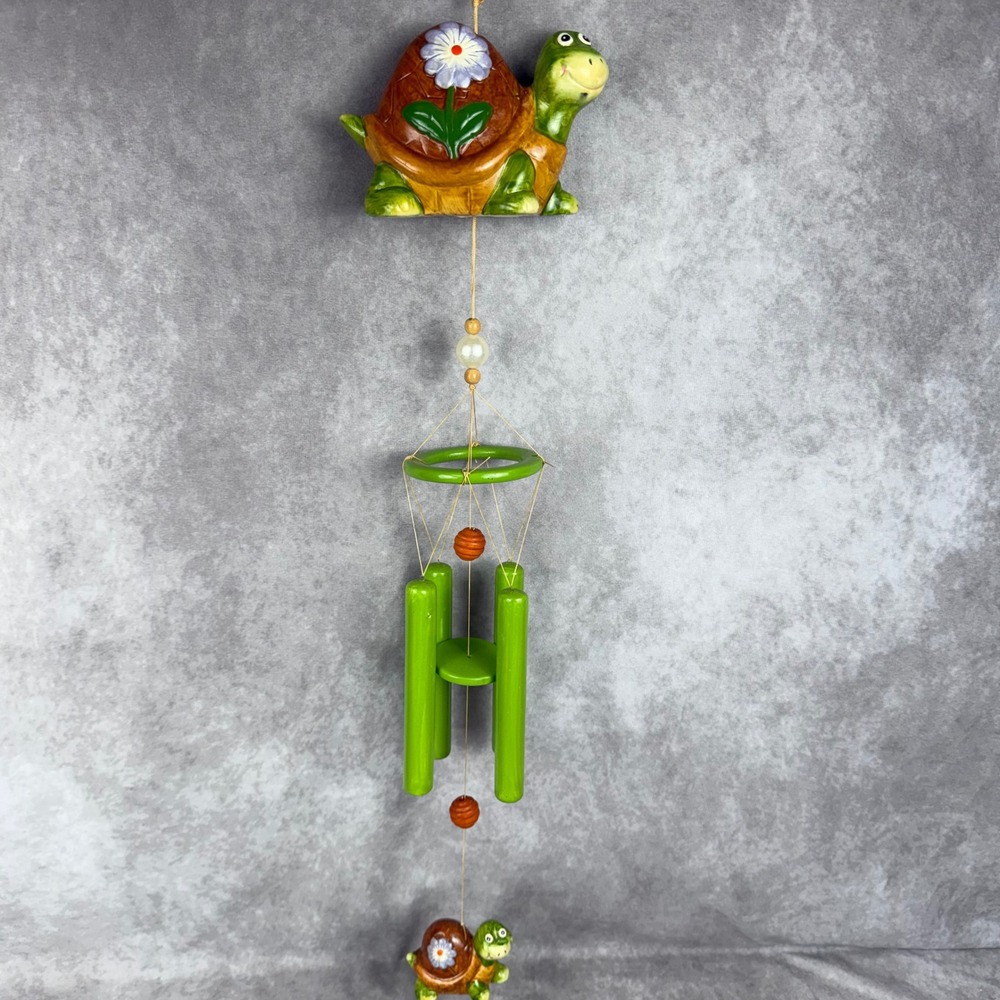 Vtg Ceramic Turtle Wind Chime Hanging Flower Garden Decor Chimes Whimsy Bohemian